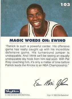 1992 SkyBox USA Patrick Ewing / Magic Johnson #103 card back image
