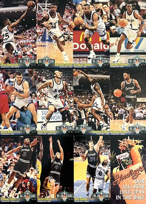 1993-94 Jam Session Nick Anderson / Anthony Bowie / Litterial Green / Anfernee Hardaway / Greg Kite / Larry Krystkowiak / Shaquille O'Neal / Donald Royal / Dennis Scott / Scott Skiles / Jeff Turner zMigrating Team Night Sheets #NNO card image