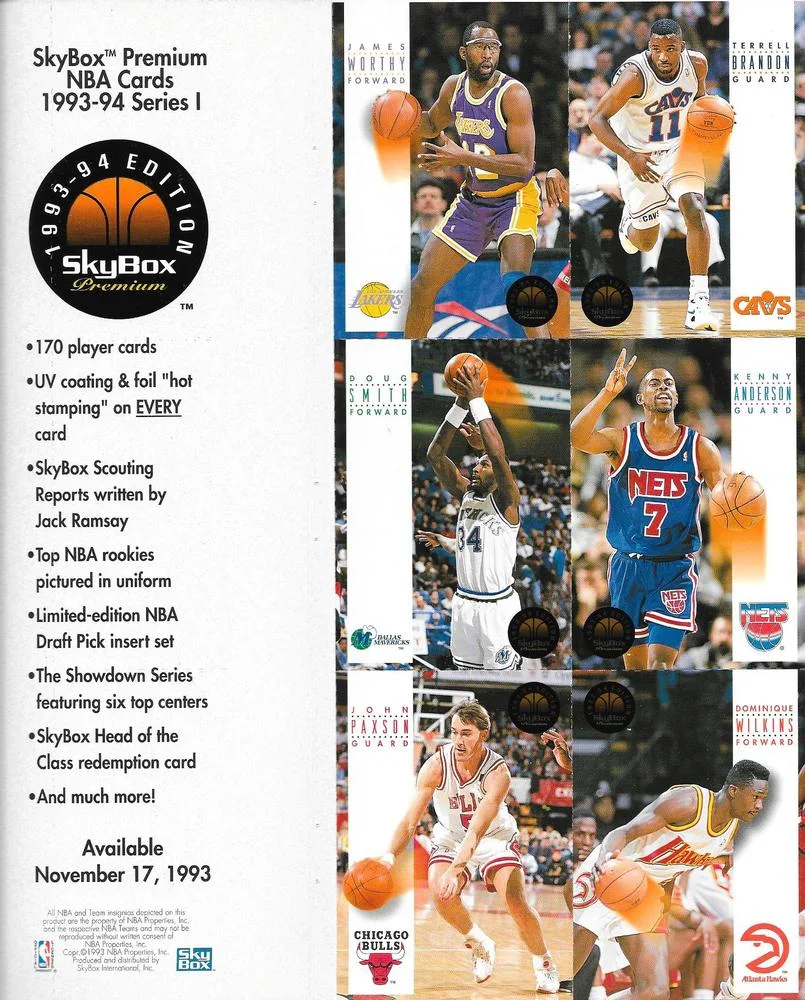 1993-94 SkyBox Premium Kenny Anderson / Terrell Brandon / John Paxson / Doug Smith / Dominique Wilkins / James Worthy Cards Originally Distributed Series 1 Perforated Sheet 2 #NNO card image