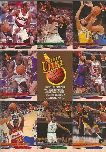 1993-94 Ultra Dominique Wilkins / Dee Brown / Scottie Pippen / Dikembe Mutombo / Reggie Miller / Vlade Divac / Clyde Drexler / Karl Malone PROMO Promotional Panel #7 / 10 / 34 / 52 / 81 / 94 / 154 / 189 card image