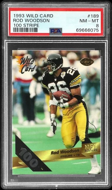 1993 Wild Card 100 Stripe Rod Woodson #189 card image