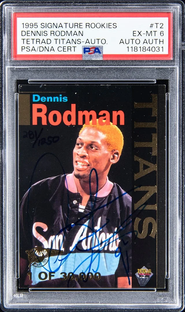 1995-96 Signature Rookies Tetrad Titans Autograph Dennis Rodman #T card image