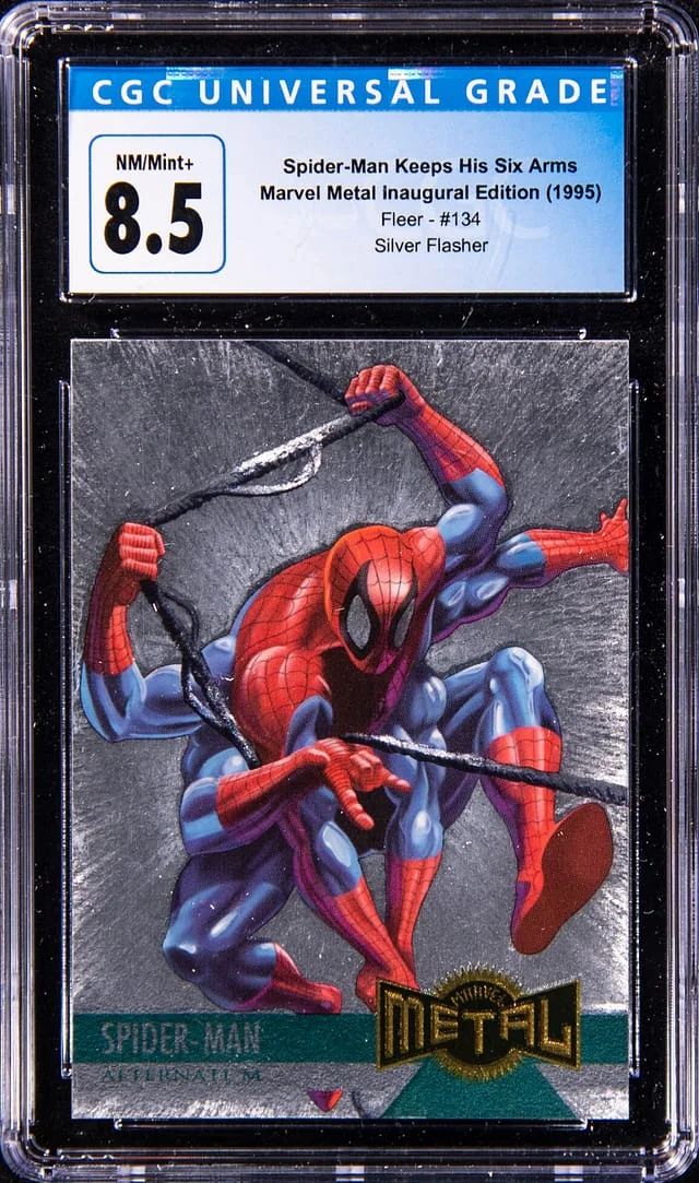 1995 Fleer Spider-Man Keeps His Six Arms Marvel Metal Inaugural Edition Silver Flasher #134 card image