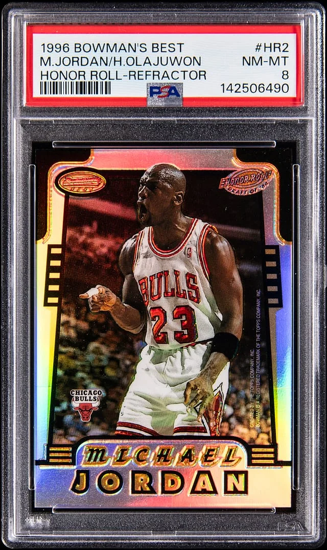 1996-97 Bowman Best Michael Jordan/Hakeem Olajuwon Honor Roll Atomic Refractor #HR2 card image