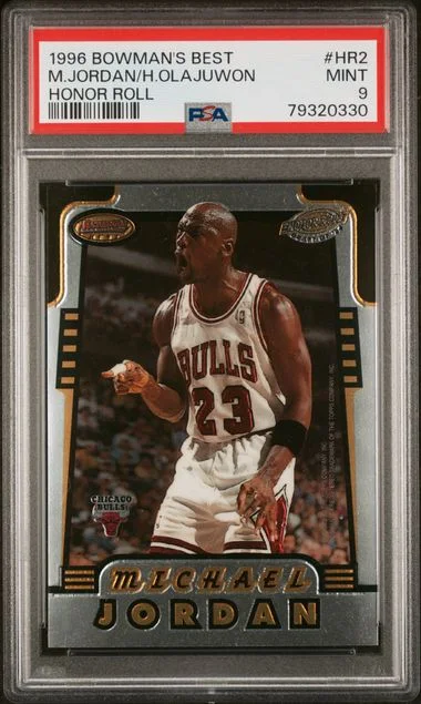 1996-97 Bowman's Best Hakeem Olajuwon/Michael Jordan Honor Roll #HR2 card image
