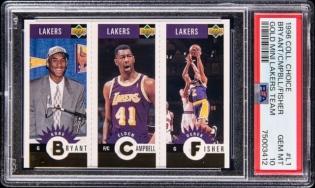 1996-97 Collector's Choice Kobe Bryant/Elden Campbell/Derek Fisher Gold Mini Lakers Team #L1 card image