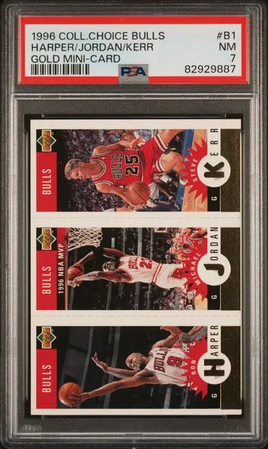 1996-97 Collector's Choice M.Jordan/R.Harper/S.Kerr Chicago Bulls Gold Mini-Card #B1 card image