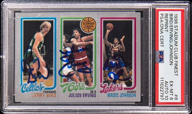 1996-97 Topps Stadium Club Bird/Erving/Johnson Multi-Signed Finest Reprint #8 card image