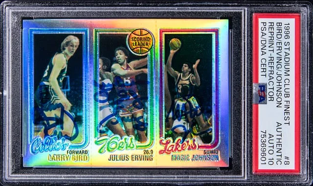 1996-97 Topps Stadium Club Larry Bird/Julius Erving/Magic Johnson Multi-Signed Finest Reprint Refractor #8 card image