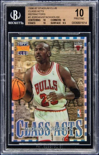 1996-97 Topps Stadium Club Michael Jordan/Jerry Stackhouse Class Acts Atomic Refractor #1 card image