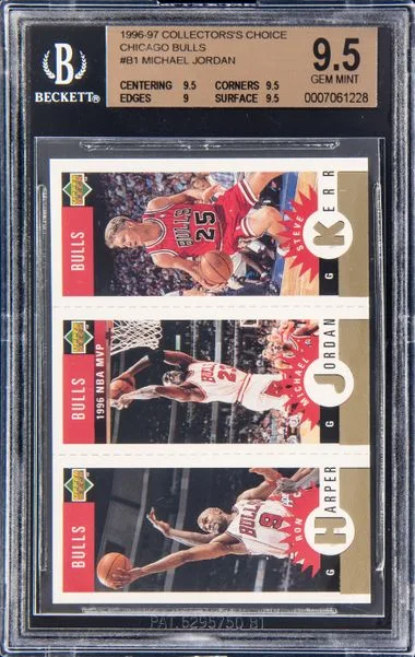1996-97 Upper Deck Collector's Choice Michael Jordan/Ron Harper/Steve Kerr Chicago Bulls Gold Mini-Card #B1 card image