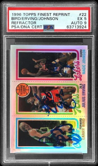 1996-98 Topps Finest Bird/Erving/Johnson Multi-Signed Reprint Refractor #22 card image
