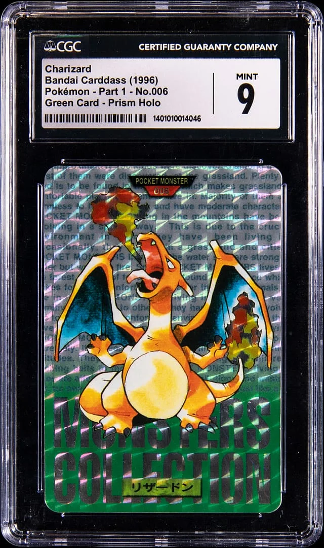 1996 Bandai Carddass Green Prism Holo Charizard #006 card image