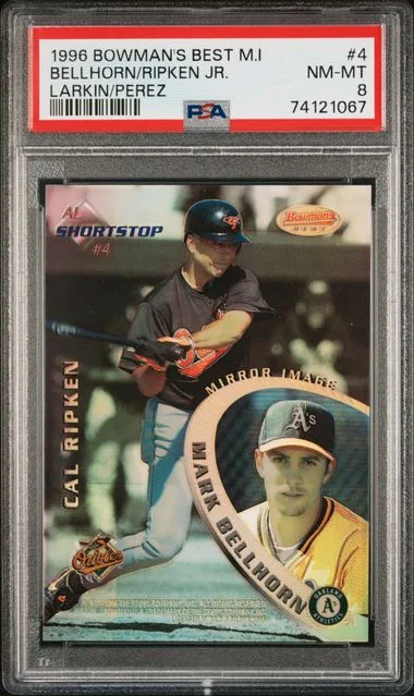 1996 Bowman's Best Mark Bellhorn/Barry Larkin/Neifi Perez/Cal Ripken Jr. Mirror Image #4 card image