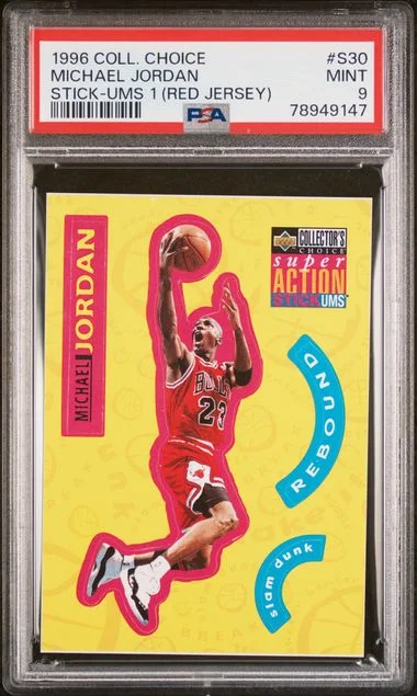 1996 Collector's Choice 1 (Red Jersey) S30 Michael Jordan Stick-Ums #1 card image