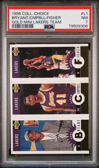 1996 Collector's Choice Derek Fisher/Elden Campbell/Kobe Bryant Lakers Team Set Gold Mini Lakers Team #L1 card image