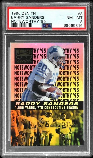 1996 Pinnacle Barry Sanders Zenith Noteworthy '95 #8 card image