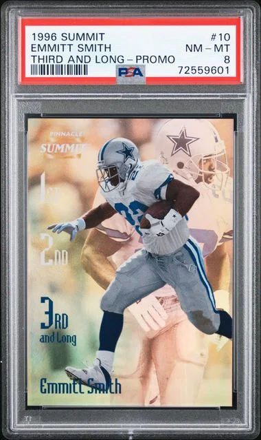 1996 Pinnacle Emmitt Smith (/2000) Summit Third and Long Promo #10 card image
