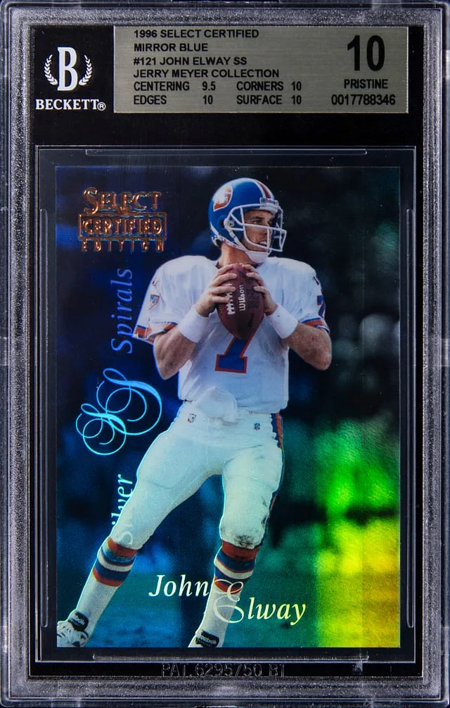 1996 Pinnacle John Elway - Jerry Meyer Collection Select Certified Silver Spirals Mirror Blue #121 card image