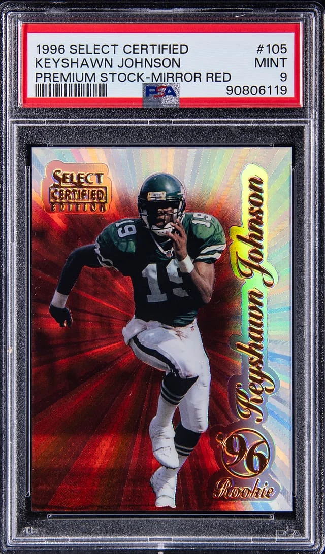 1996 Pinnacle Keyshawn Johnson Select Certified Premium Stock Mirror Red #105 card image
