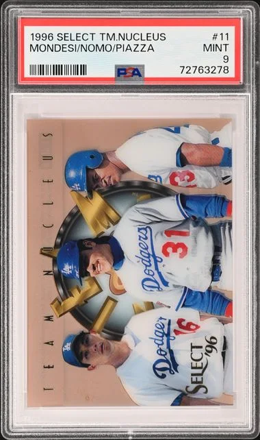 1996 Pinnacle Raul Mondesi/Hideo Nomo/Mike Piazza Select Team Nucleus #11 card image