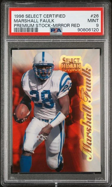 1996 Select Marshall Faulk Certified Premium Stock Mirror Red #26 card image
