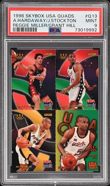 1996 SkyBox Anfernee Hardaway/Grant Hill/John Stockton/Reggie Miller Usa Basketball Quads #Q13 card image