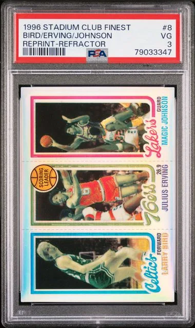 1996 Stadium Club Julius Erving/Larry Bird/Magic Johnson Finest Reprint Refractor #8 card image