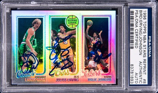 1996 Topps Larry Bird/Julius Erving/Magic Johnson Multi-Signed NBA Stars Reprint #8 card image