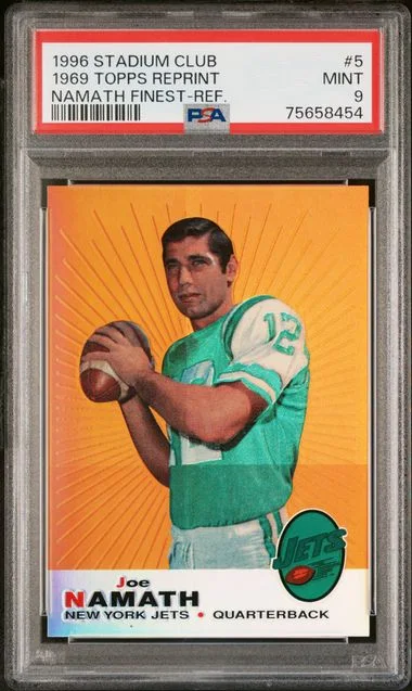 1996 Topps Stadium Club Joe Namath 1969 Topps Finest Reprint Refractor #5 card image