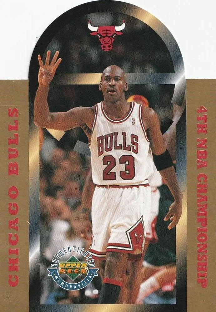 1996 Upper Deck Authenticated Chicago Bulls 4th NBA Championship (SN25000 Vertical) Michael Jordan #NNO card image