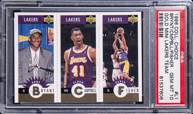 1996 Upper Deck Kobe Bryant/Elden Campbell/Derek Fisher Collectors Choice Gold Mini Lakers Team #L1 card image