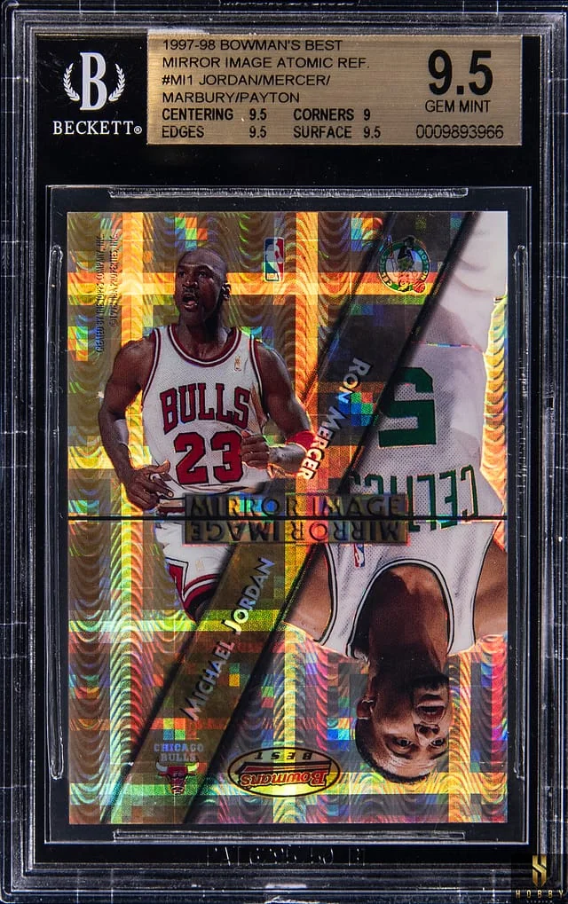 1997-98 Bowman Best Michael Jordan/Stephon Marbury/Gary Payton/Ron Mercer Mirror Image Atomic Refractor #MI1 card image