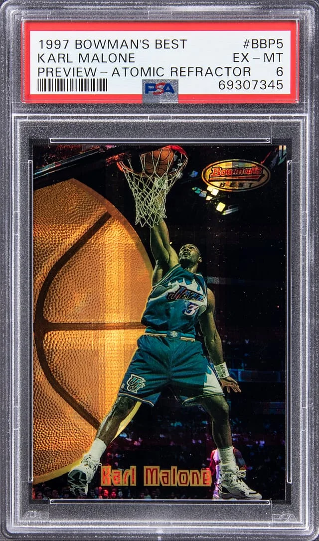 1997-98 Bowman's Best Karl Malone Preview Atomic Refractor #BBP5 card image