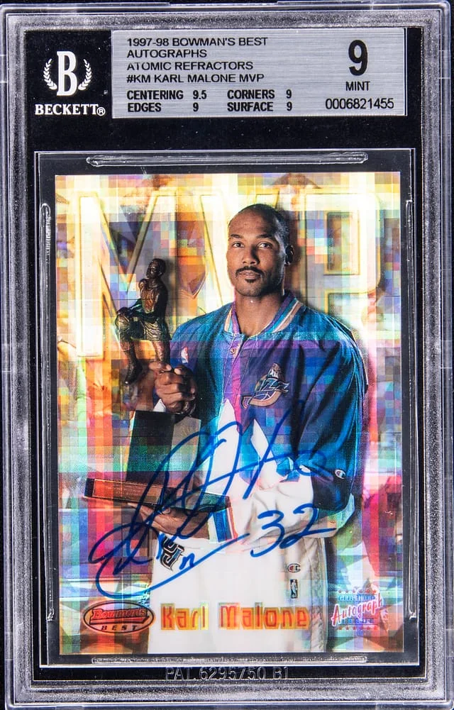 1997-98 Bowman's Best Karl Malone Autographs Atomic Refractor #KM card image
