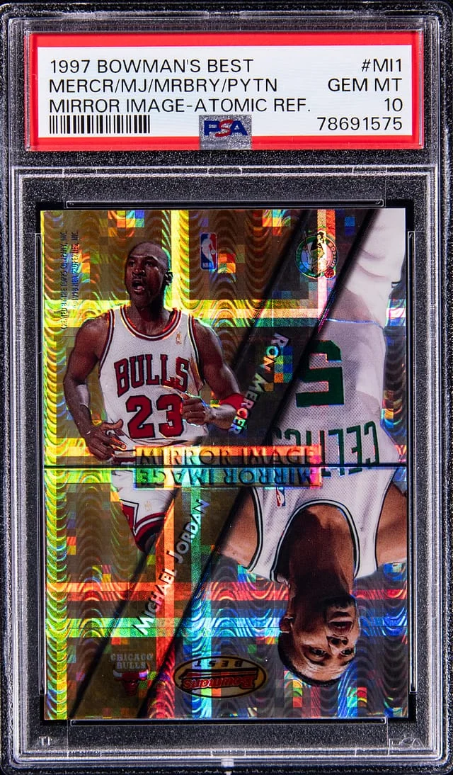 1997-98 Bowman's Best Michael Jordan/Ron Mercer/Stephon Marbury/Gary Payton Mirror Image Atomic Refractor #M11 card image