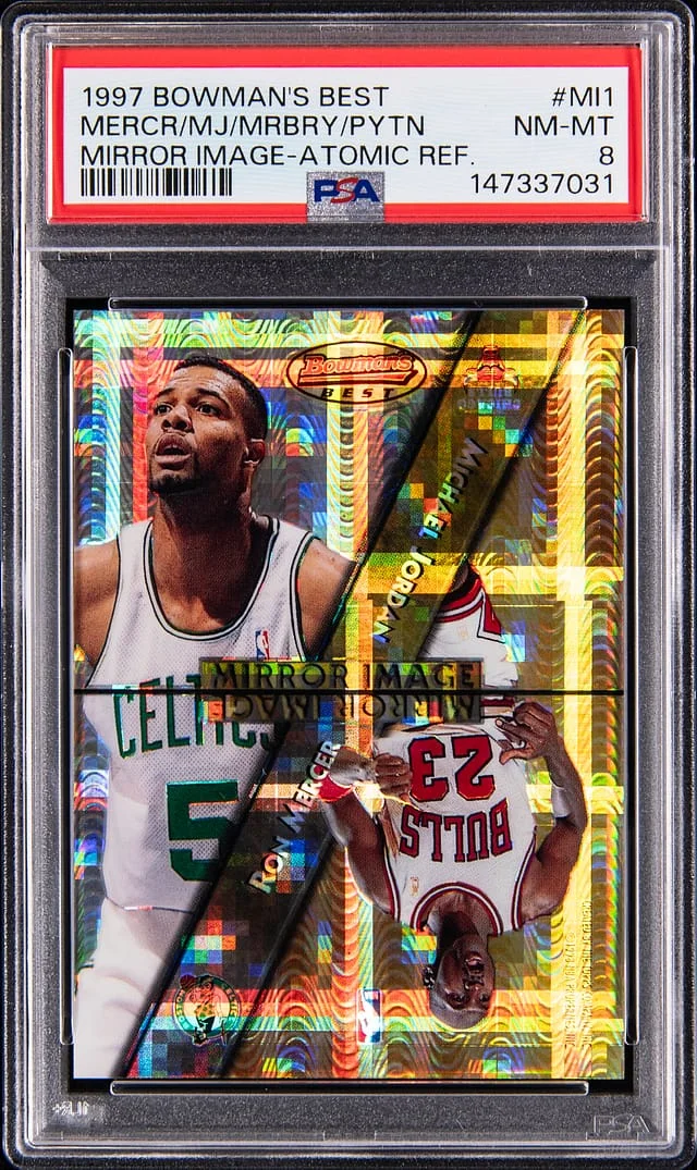 1997-98 Bowman's Best Michael Jordan/Ron Mercer/Stephon Marbury/Gary Payton Mirror Image Atomic Refractors #MI1 card image