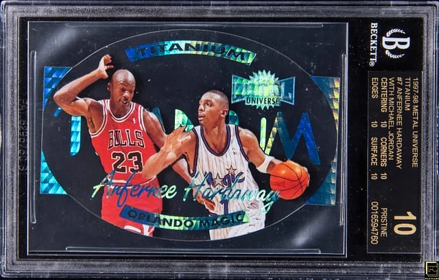 1997-98 SkyBox Metal Universe Anfernee Hardaway, Guarded By Michael Jordan Titanium #7 card image