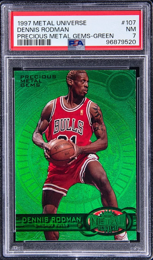 1997-98 SkyBox Metal Universe Dennis Rodman Precious Metal Gems (PMG) Green #107 card image