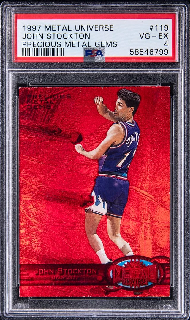 1997-98 SkyBox Metal Universe John Stockton Precious Metal Gems (PMG) Red #119 card image