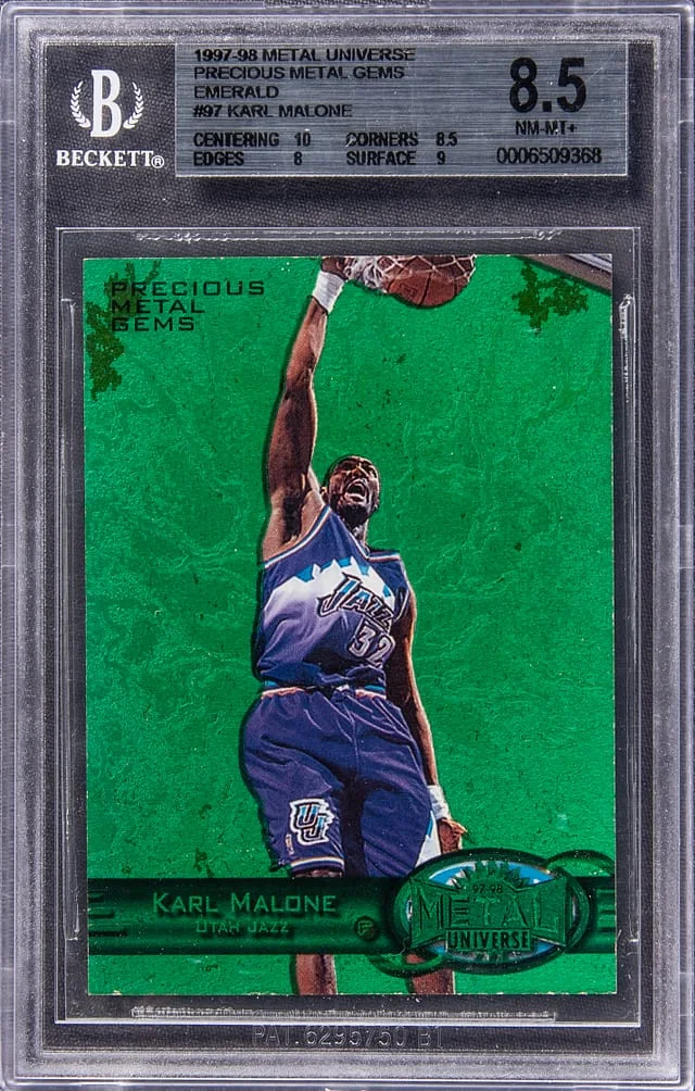 1997-98 SkyBox Metal Universe Karl Malone Precious Metal Gems (PMG) Emerald #97 card image