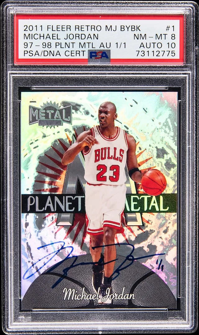 1997-98 SkyBox Metal Universe Michael Jordan Planet Metal '11-12 Fleer Retro MJ Buyback Autograph #1PM card image