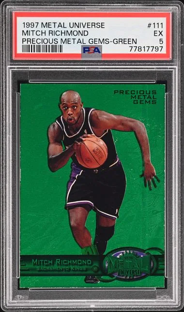 1997-98 SkyBox Metal Universe Mitch Richmond Precious Metal Gems (PMG) Green #111 card image