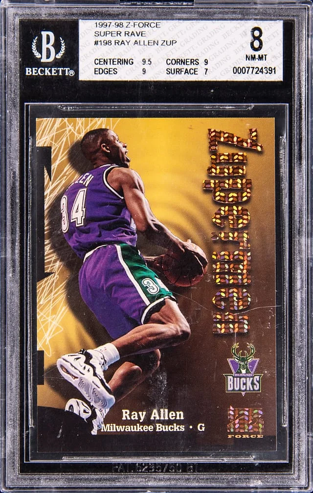 1997-98 SkyBox Z-Force Ray Allen Zupermen (#004 of 50) Super Rave #198 card image