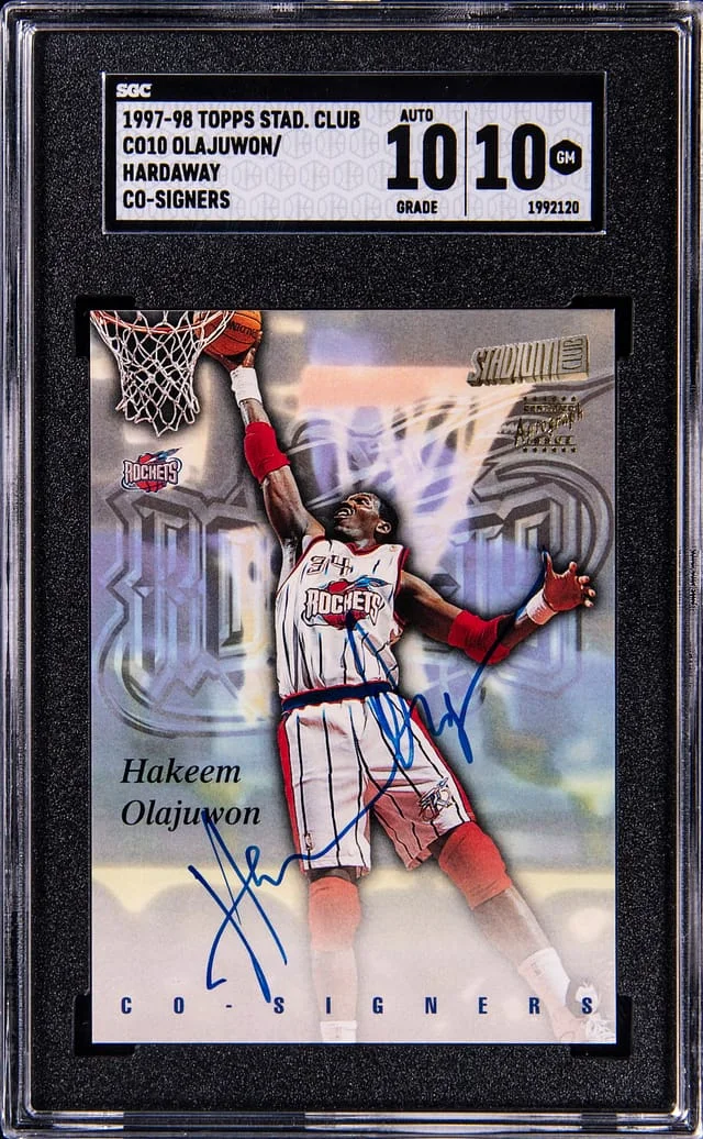 1997-98 Topps Stadium Club Hakeem Olajuwon/Tim Hardaway CO-Signers #CO10 card image