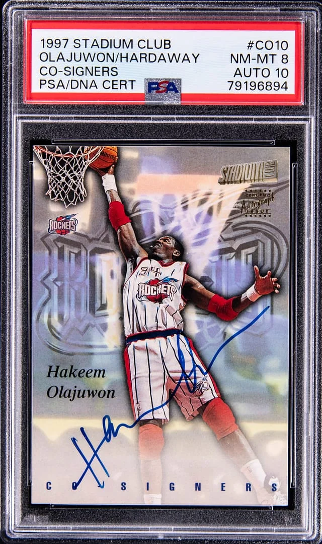 1997-98 Topps Stadium Club Hakeem Olajuwon/Tim Hardawy Dual Co-Signers #CO-10 card image