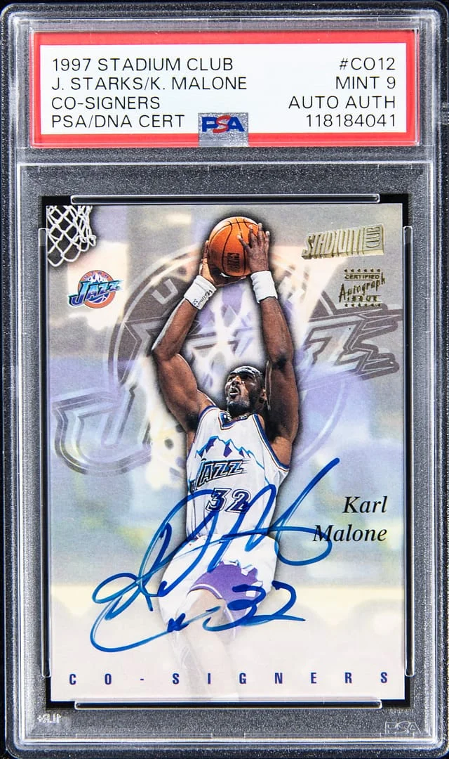 1997-98 Topps Stadium Club Karl Malone/John Starks Co-Signers #CO12 card image