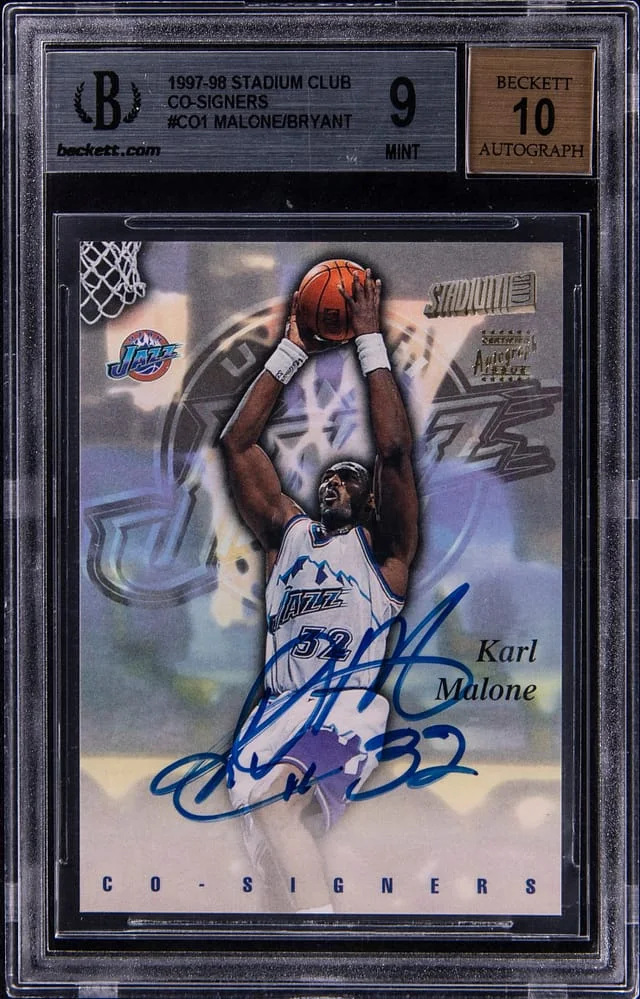 1997-98 Topps Stadium Club Karl Malone/Kobe Bryant Co-Signers #CO1 card image