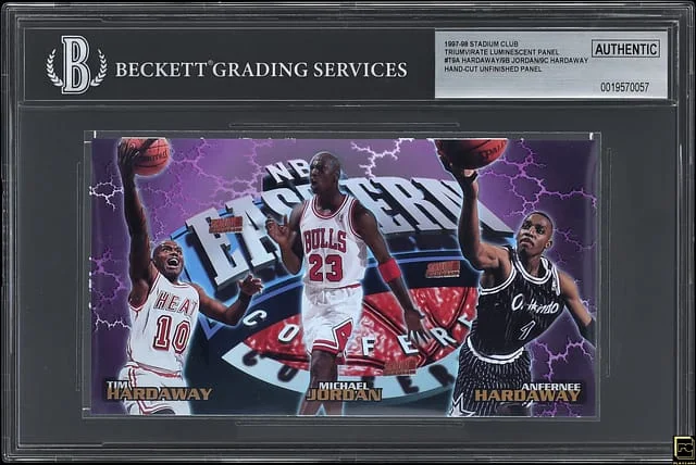 1997-98 Topps Stadium Club Tim Hardaway/Michael Jordan/Anfernee Hardaway Triumvirate Luminescent Hand-Cut Unfinished Panel #T9A card image