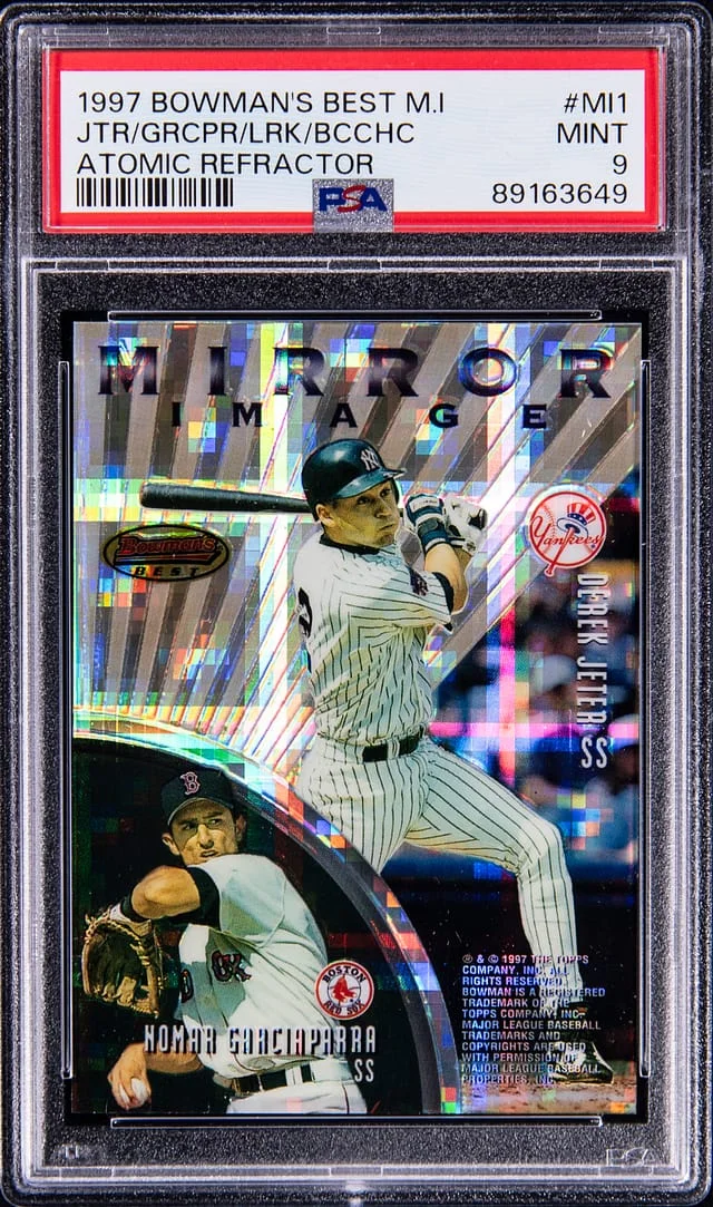 1997 Bowman Best Derek Jeter/Nomar Garciaparra/Barry Larkin/Hiram Bocachica Mirror Image Atomic Refractor #MI1 card image